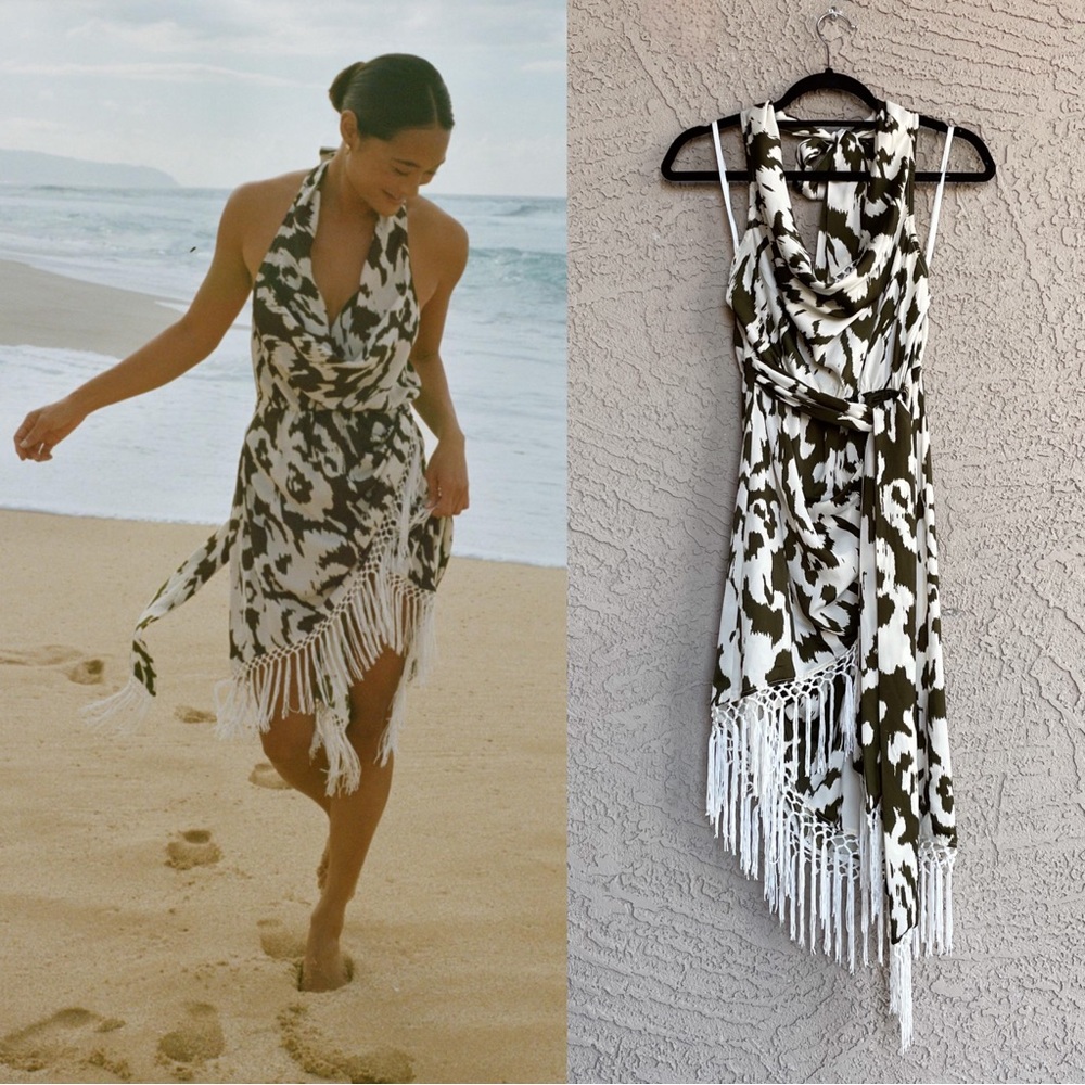 ANTHROPOLOGIE Olive Green & White Satin Fringe Cover Up Halter Dress - Picture 1 of 15